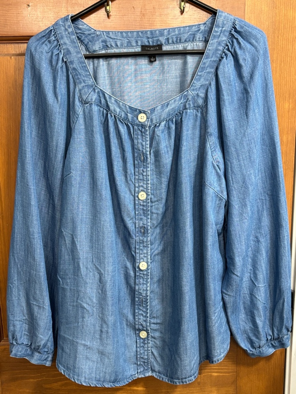 Talbots Chambray Square Neck Button-Front Peasant Top Size L